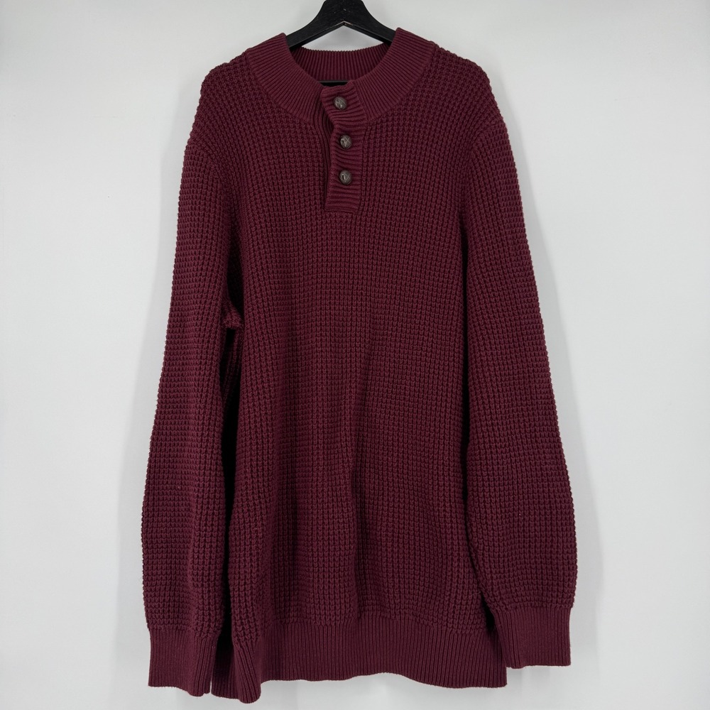 Oak Hill Mens 3XLT Burgundy Waffle Knit Cotton Henley Sweater Big and Tall